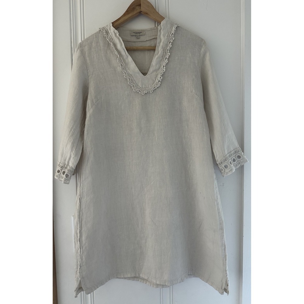 Via Signoria Made in Italy Beige Cotton Tunic Dress Crochet Trim Size Small